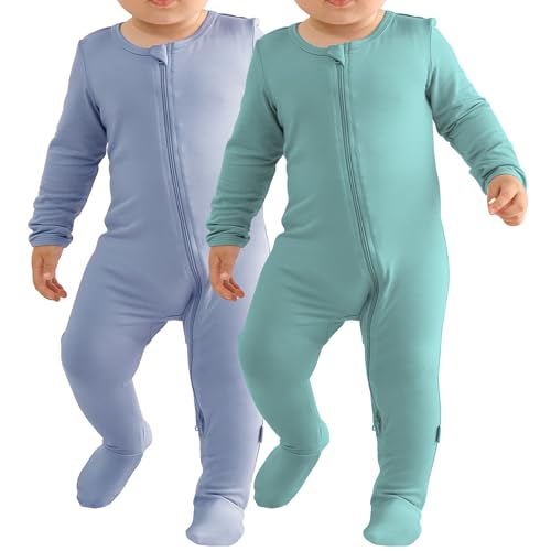 Ekkimy Baby Bamboo Rayon Romper Infant Footies Long Sleeve Double Zipper Outfits 2-Pack One-Piece Jumpsuits for Baby Boys Girls - Image 1