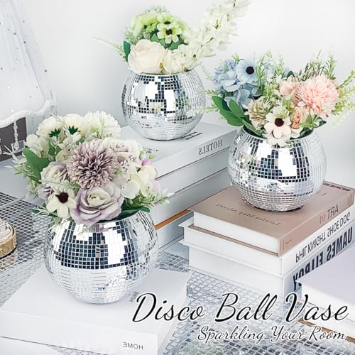 Esamploe 2 Pcs Disco Ball Vase,4.4 x 6 Inch Mirrored Disco Ball Planter,Disco Ball Candle Holders Perfect Disco Decorative Planters for Living Room Bedroom Dining Table Wedding Party Birthday - Image 5