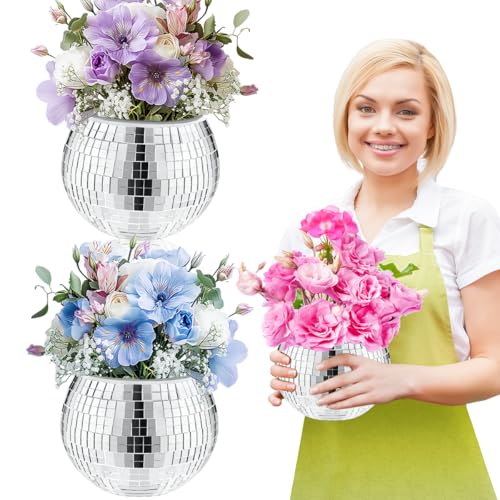 Esamploe 2 Pcs Disco Ball Vase,4.4 x 6 Inch Mirrored Disco Ball Planter,Disco Ball Candle Holders Perfect Disco Decorative Planters for Living Room Bedroom Dining Table Wedding Party Birthday - Image 1