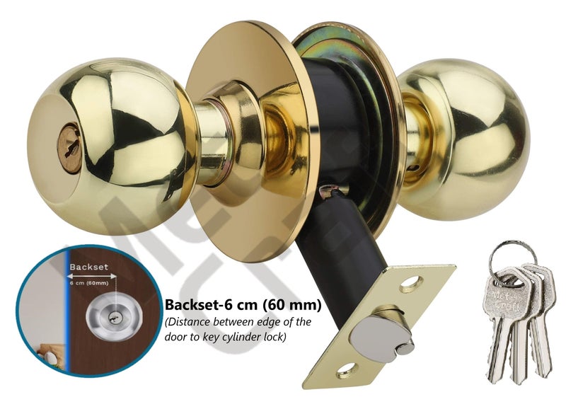 Met Craft Room Door Knob Lock - with 3 Brass Key Cylindrical Lock for Bedroom/Main Door/Tubular Door Knob/Handle (Polished Brass Golden, 60 mm Backset) - Image 3