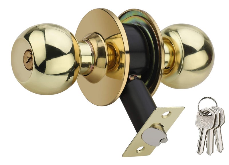 Met Craft Room Door Knob Lock - with 3 Brass Key Cylindrical Lock for Bedroom/Main Door/Tubular Door Knob/Handle (Polished Brass Golden, 60 mm Backset) - Image 1