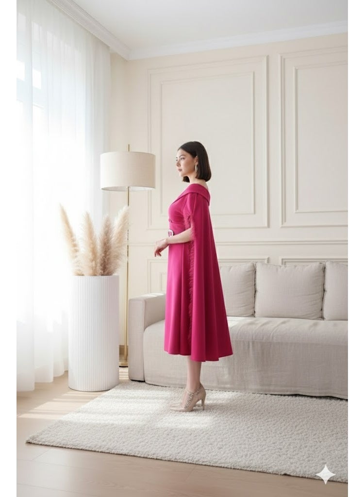 FULL JOY Fuchsia Stretch Evening Dress with Off-Shoulder Design and Embellished Belt - Image 2
