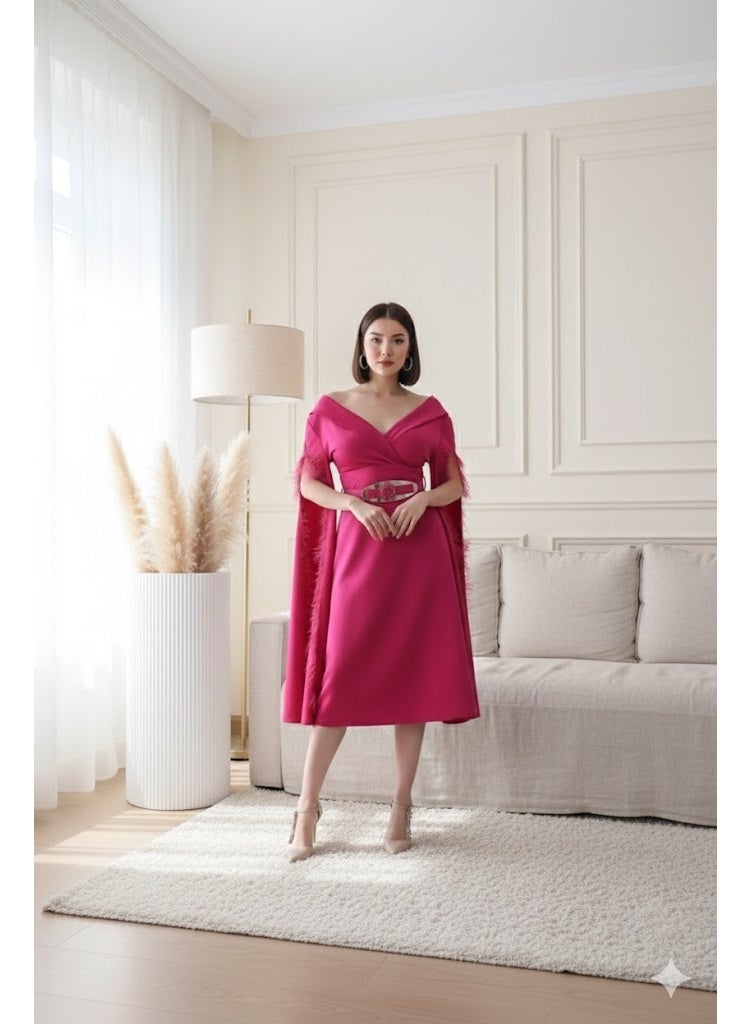 FULL JOY Fuchsia Stretch Evening Dress with Off-Shoulder Design and Embellished Belt - Image 1