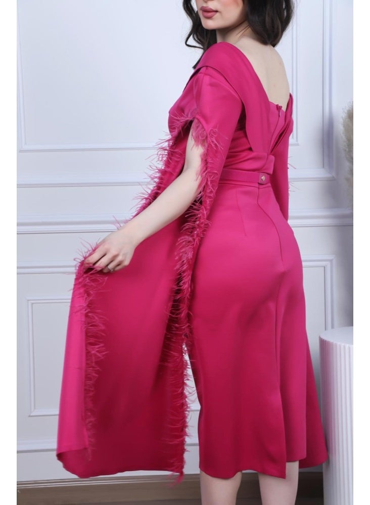 FULL JOY Fuchsia Stretch Evening Dress with Off-Shoulder Design and Embellished Belt - Image 3
