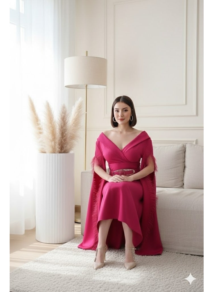 FULL JOY Fuchsia Stretch Evening Dress with Off-Shoulder Design and Embellished Belt - Image 4
