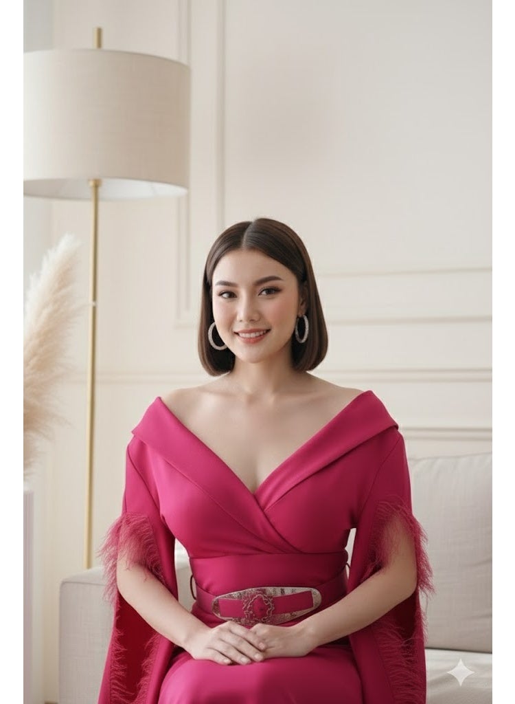 FULL JOY Fuchsia Stretch Evening Dress with Off-Shoulder Design and Embellished Belt - Image 5