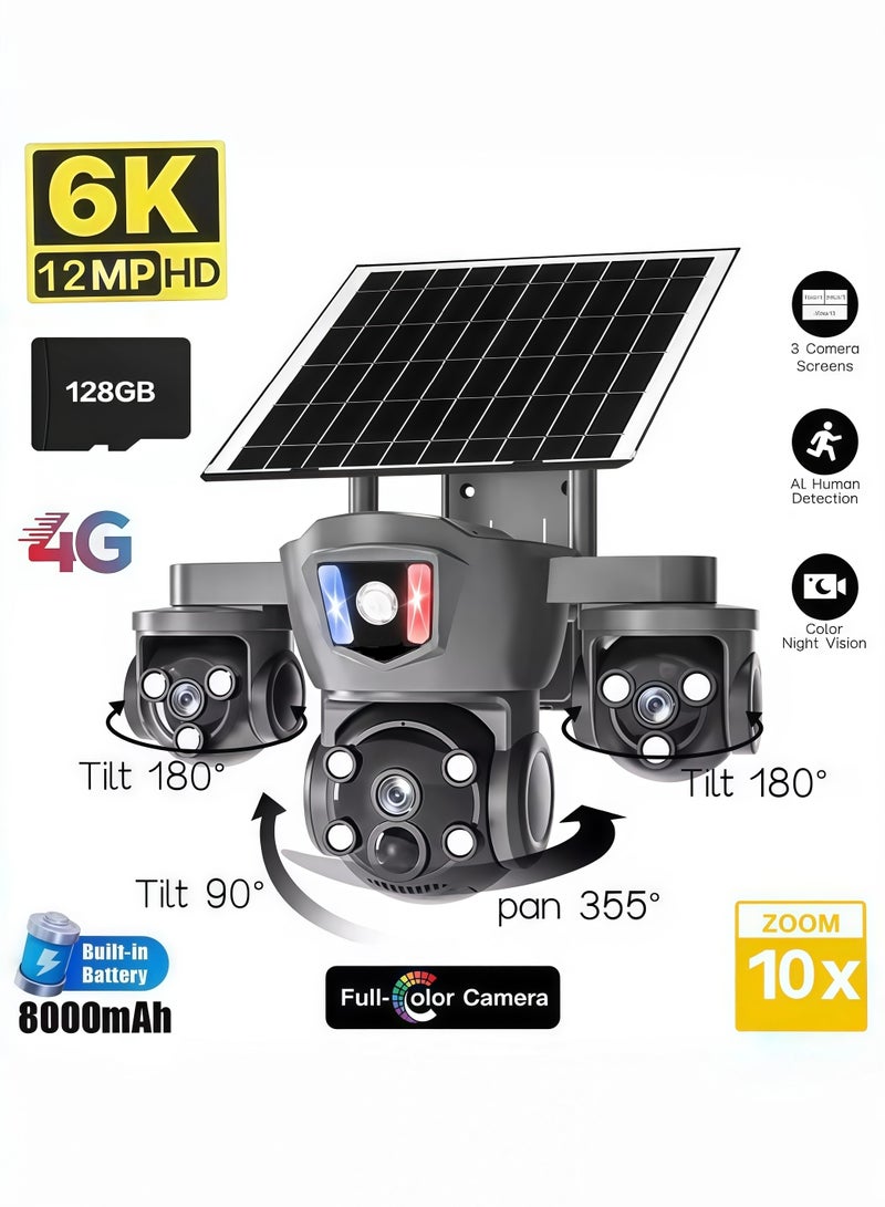 كاميرا أمن 12 ميجابكسل 6K تعمل بالطاقة الشمسية 4G بثلاث عدسات حقيقية وثلاثة أوضاع مشاهدة، PTZ 360، رؤية ليلية كاملة الألوان، للخارج، كشف حركة الإنسان بالأشعة تحت الحمراء. العدسات الثلاث تعرض 3 مشاهدات، كشف الحركة + تنبيهات حمراء وزرقاء، اتصال ثنائي الاتجاه – حماية شاملة! (مع بطاقة ذاكرة 128 جيجابايت). - Image 1