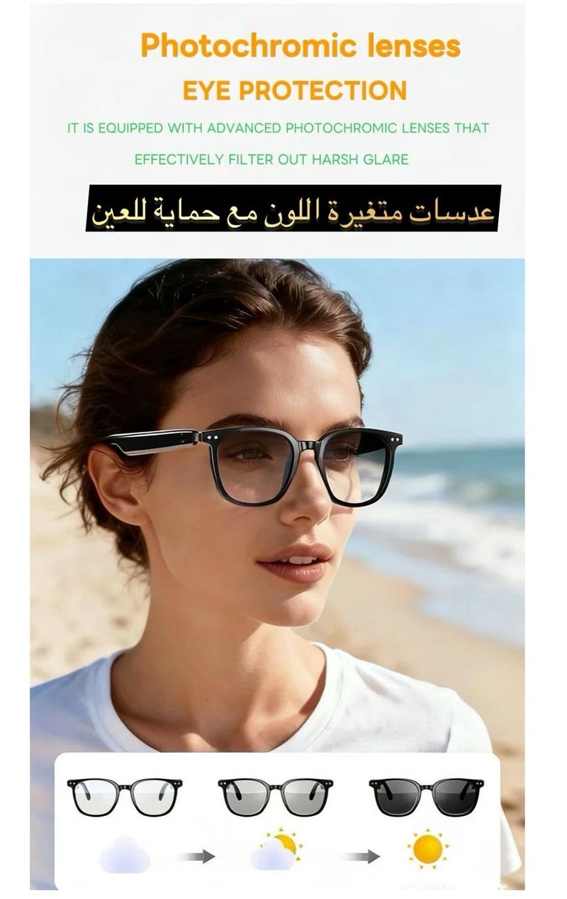 نظارات بلوتوث ذكية، عدسات متغيرة اللون، مستقطبة ومضادة للضوء الأزرق، تحكم باللمس، حماية من الأشعة فوق البنفسجية UV400، مساعد صوتي، كاميرا عن بعد، نظارات للرجال والنساء، مكالمات مجانية للاجتماعات والقيادة والسفر. (أسود) - Image 2
