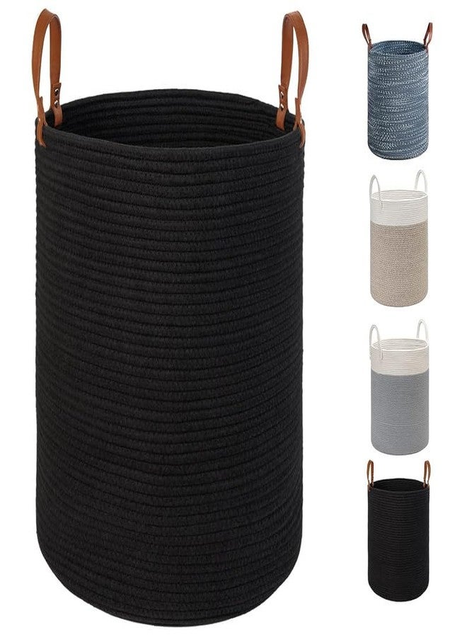 FIASCO Cotton Rope Laundry Storage Basket - 15.7 Inch(D) x 19.7 Inch(H) - Collapsible Woven Basket with Leather Handle for Clothes Storage Black - Image 1