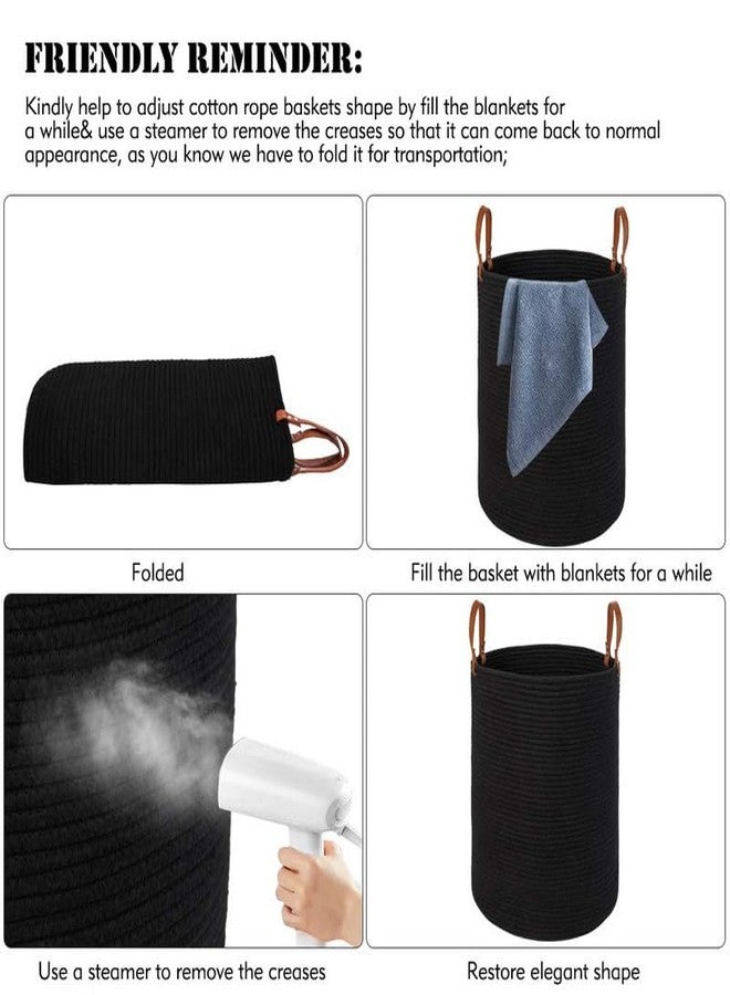 FIASCO Cotton Rope Laundry Storage Basket - 15.7 Inch(D) x 19.7 Inch(H) - Collapsible Woven Basket with Leather Handle for Clothes Storage Black - Image 2