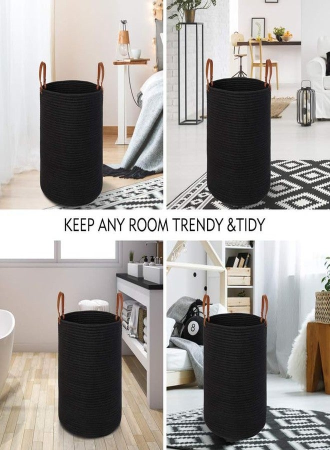 FIASCO Cotton Rope Laundry Storage Basket - 15.7 Inch(D) x 19.7 Inch(H) - Collapsible Woven Basket with Leather Handle for Clothes Storage Black - Image 3