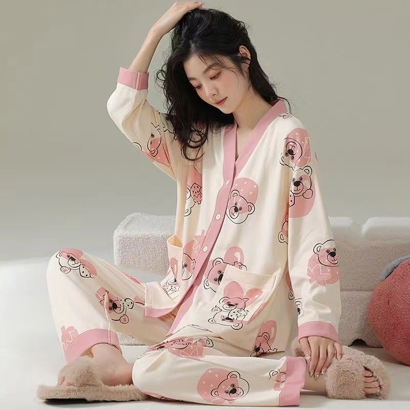 2026 Autumn Kimono Collar Long Sleeve Sleepwear for Women with Pads, Cute Sweet Loose Plus Size Homewear - Image 1
