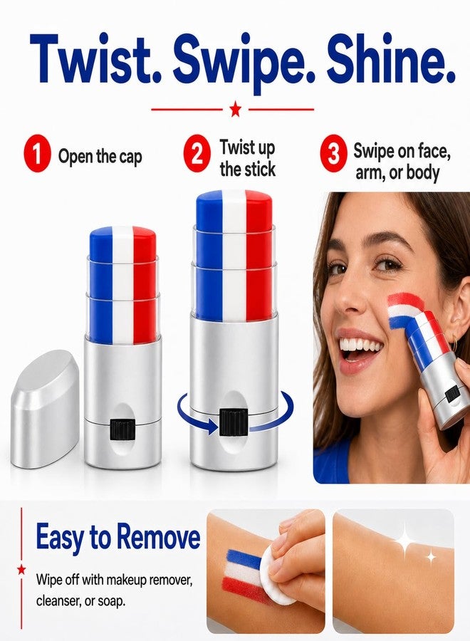 Yeweian 2Pcs Red White and Blue Eye Black Stick, Patriotic USA Flag Face Paint Makeup for 4th of July Accessories, Baseball Softball Football Sports Face Body Paint Sticks for Game Day, Kids Women Men - Image 5
