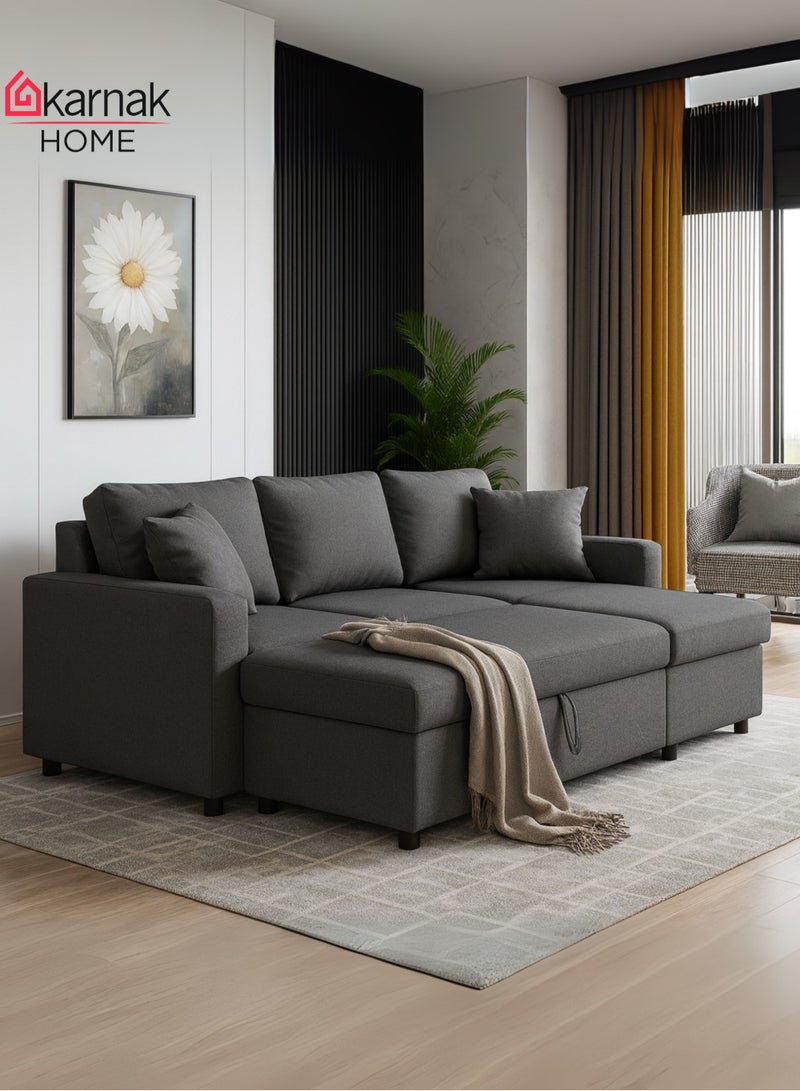 Karnak Hunter 3 Seater Diwan Sofa Cum Bed With Cushions L-Shaped Storage Space | Convertible Living Room Furniture  Grey 210X160X95 Cm - Image 1