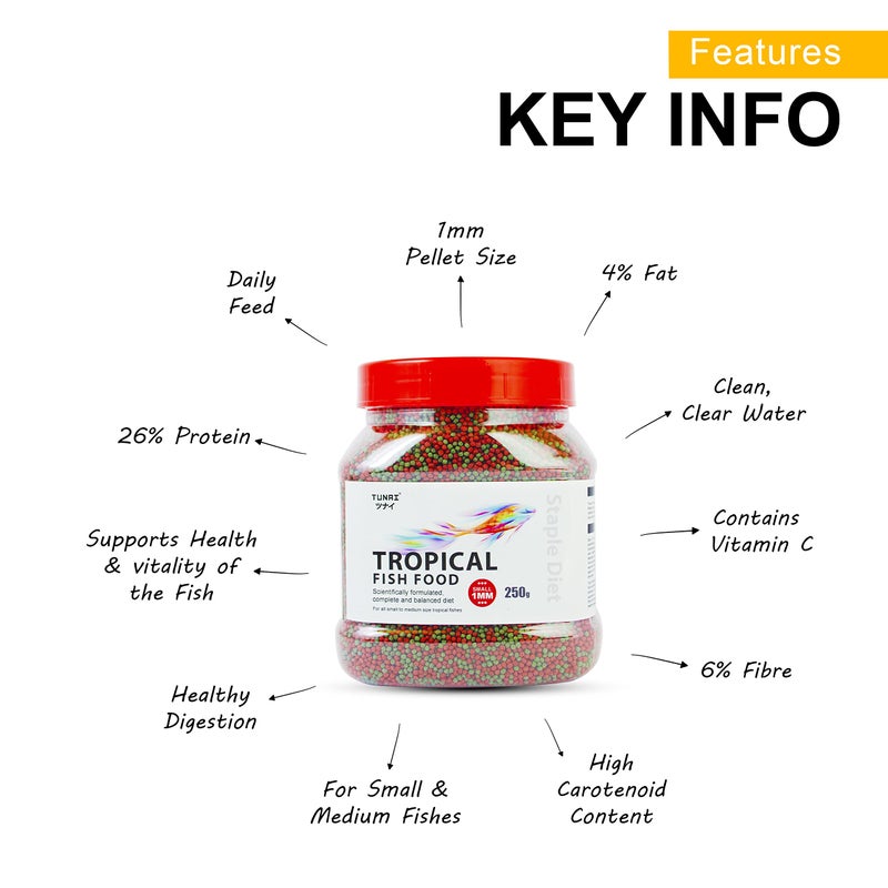 Tunai Tropical Fish Food for Aquarium with 26% Protein |1.2 mm Pellets, 250g|Perfect for Adult Small & Medium Fish - Image 3