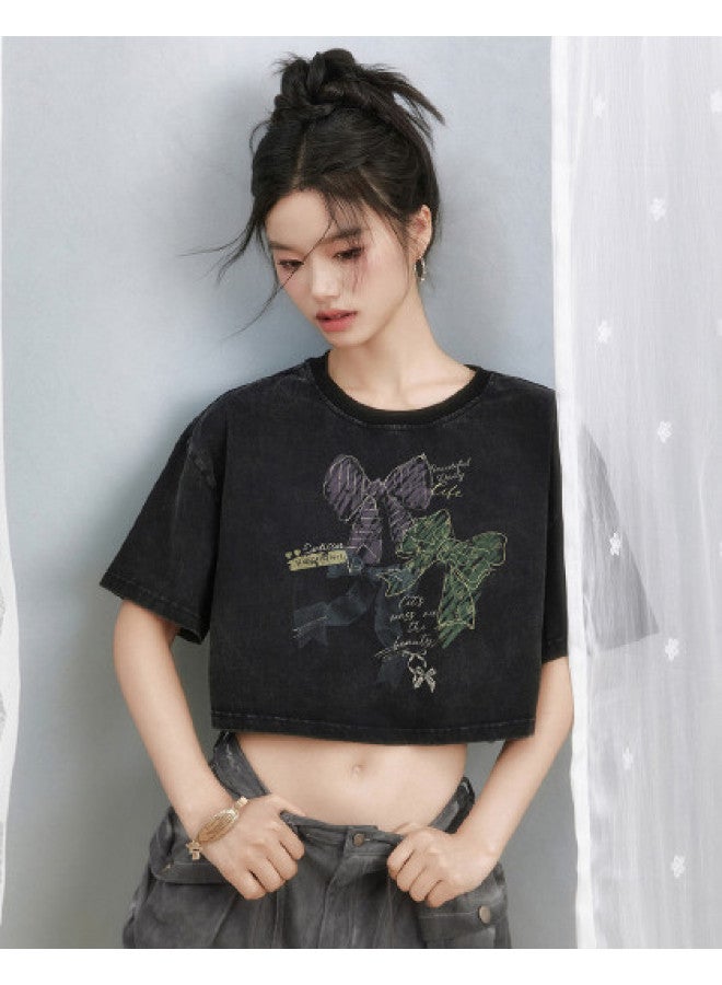 EPTISON Women's Short Sleeve T-shirt Summer Cotton Loose Fit Vintage Cropped Graffiti Print Round Neck Casual Top - Image 1