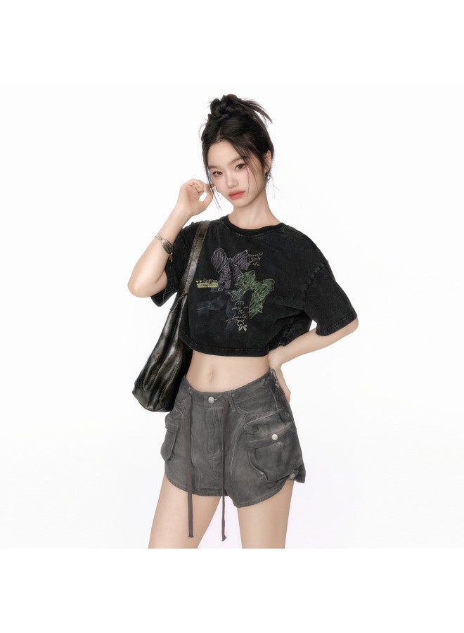 EPTISON Women's Short Sleeve T-shirt Summer Cotton Loose Fit Vintage Cropped Graffiti Print Round Neck Casual Top - Image 3