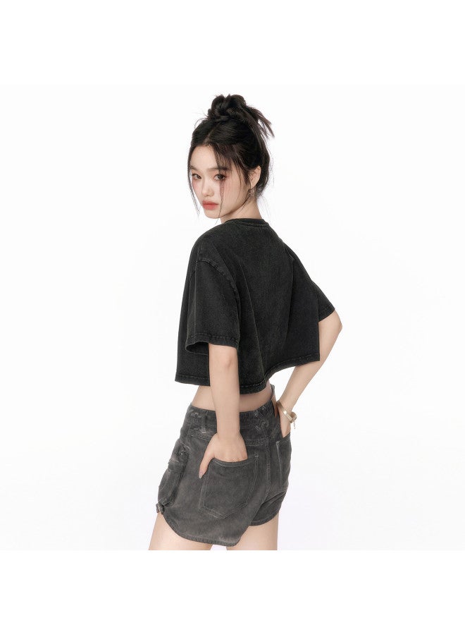 EPTISON Women's Short Sleeve T-shirt Summer Cotton Loose Fit Vintage Cropped Graffiti Print Round Neck Casual Top - Image 5