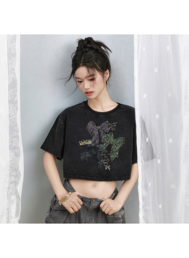 EPTISON Women's Short Sleeve T-shirt Summer Cotton Loose Fit Vintage Cropped Graffiti Print Round Neck Casual Top - Image 2