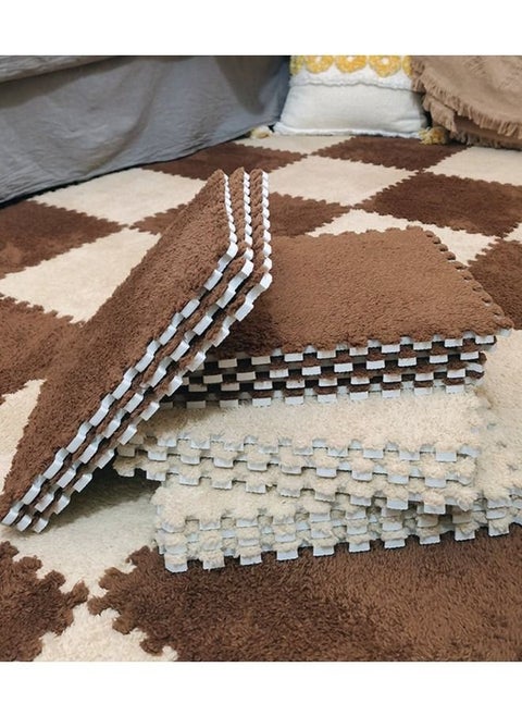 Interlocking Plush Foam Puzzle Floor Mats Square Fluffy Carpet Tiles 0.6 Thickened Soft EVA Exercise Play Mat Soft Climbing Area Rugs for Children Kids Room Home Bedroom (Coffee+Light camel)