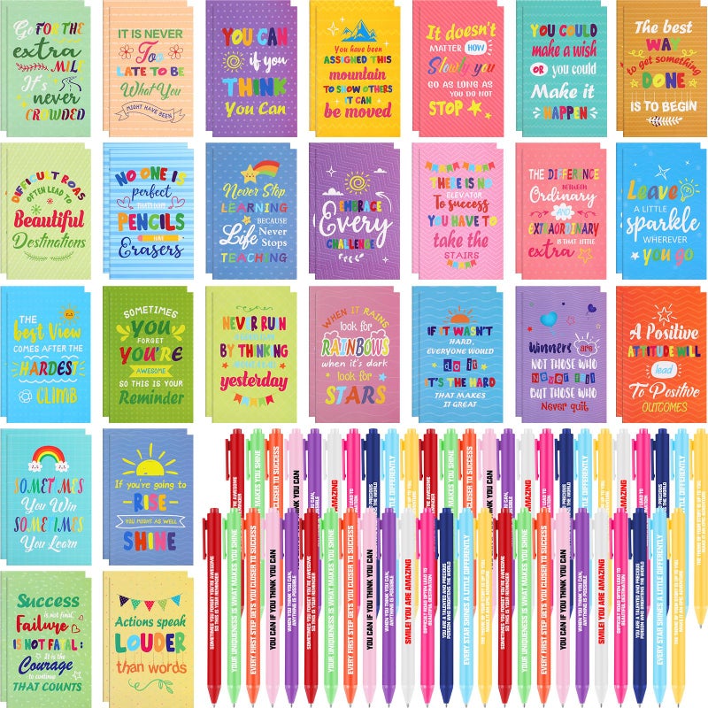 Sabary 100 Pcs Inspirational Notepads Ballpoint Pens Sets Mini Motivational Pocket Notebooks Journals Bulk Christmas Teacher Appreciation Gifts for Office Supplies(Colorful Style) - Image 1