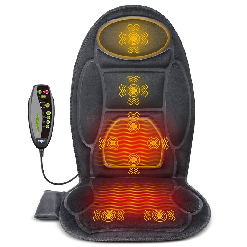 Mynt وسادة مقعد تدليك بالاهتزاز من Mynt مع دعم الذاكرة ووسادة كرسي تدليك للظهر مع 8 محركات اهتزاز وحرارة مهدئة، مدلك مقعد كهربائي للاستخدام في المنزل أو المكتب، أسود