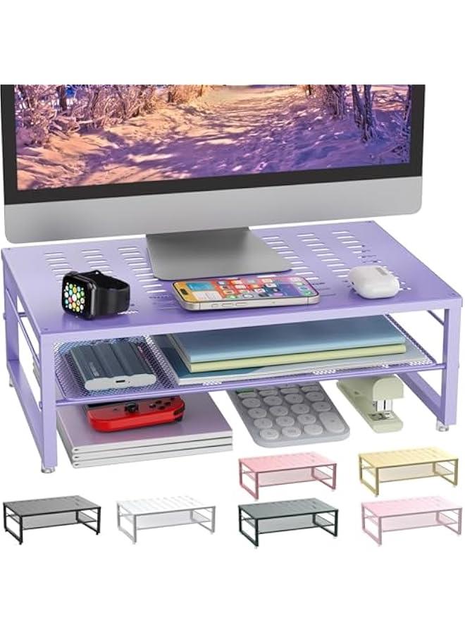Arabest 2-Tier Metal Monitor Stand Riser, Office Desk Storage Organizer for Computer Monitor, Laptop, Printer, Office Supplies (Purple)  - Image 1