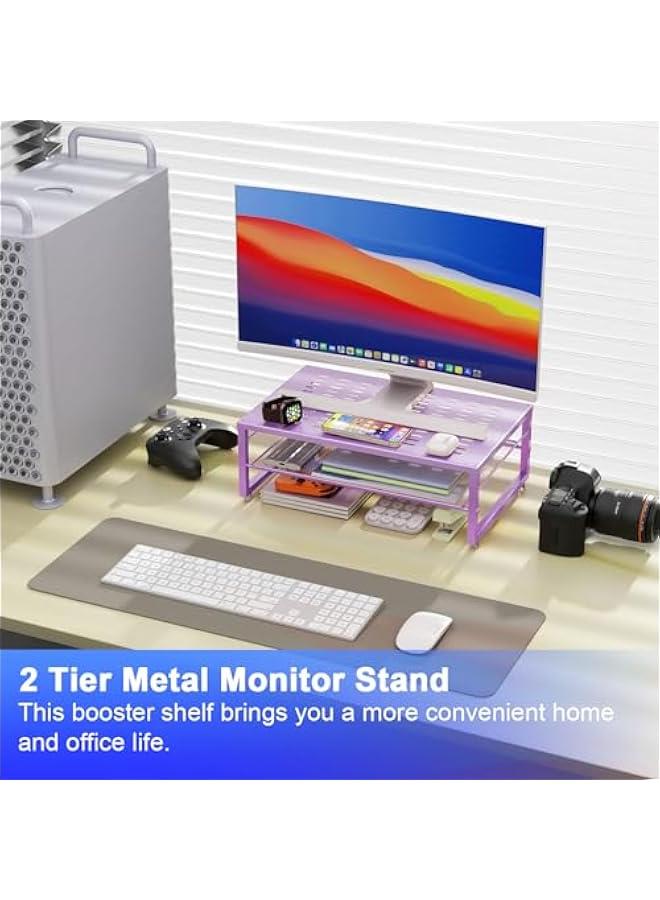 Arabest 2-Tier Metal Monitor Stand Riser, Office Desk Storage Organizer for Computer Monitor, Laptop, Printer, Office Supplies (Purple)  - Image 2