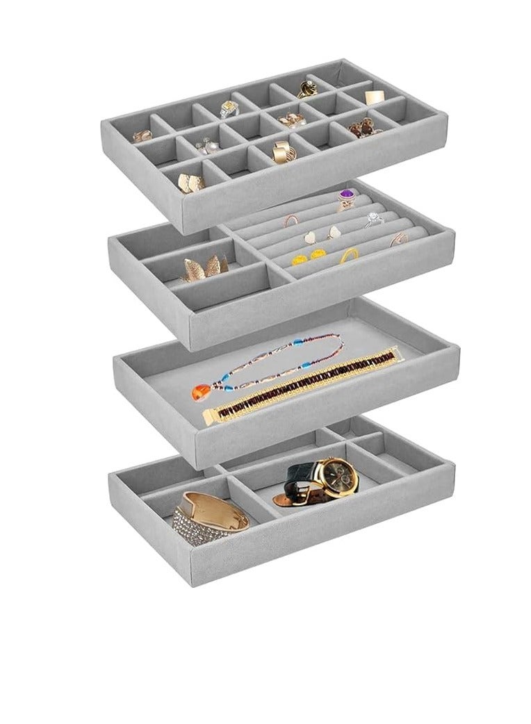 BOZIVO Stackable Velvet Jewelry Organizer Tray Jewelry Organizer for Drawers, Jewelry Divider Tray and Display Case for Earrings, Necklaces, Bracelets, Rings, Set of 4 (Grey), Velvet - Image 1