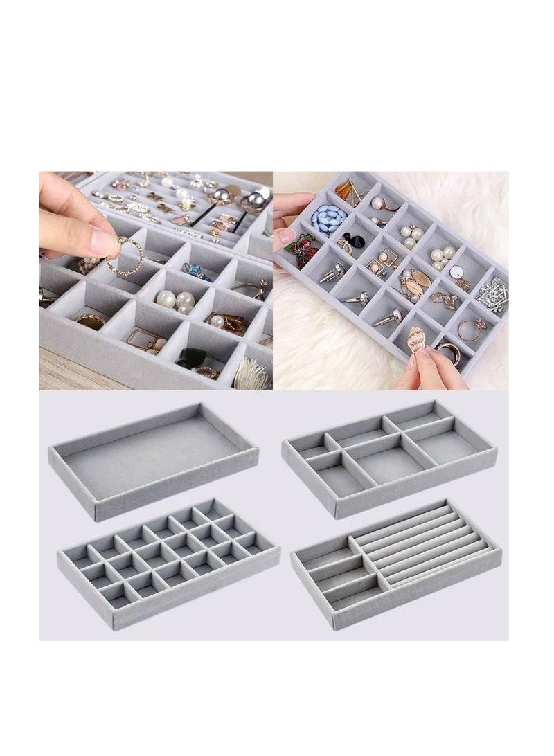 BOZIVO Stackable Velvet Jewelry Organizer Tray Jewelry Organizer for Drawers, Jewelry Divider Tray and Display Case for Earrings, Necklaces, Bracelets, Rings, Set of 4 (Grey), Velvet - Image 2