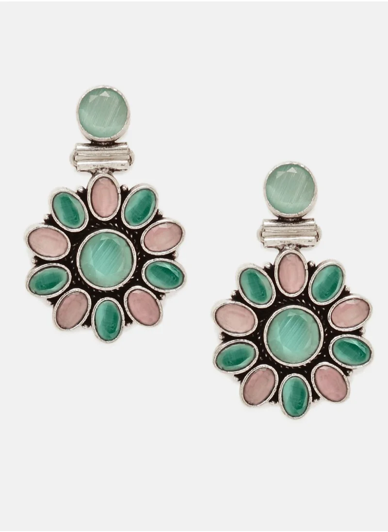 Priyaasi Plated Blue Pink Oxidized Crystal Studded Contemporary Drop Earrings