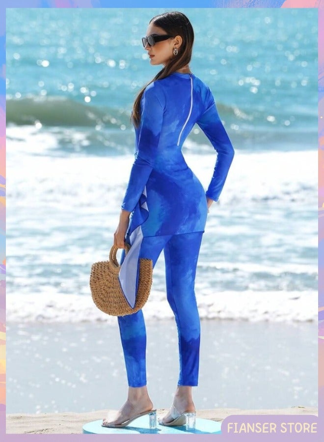 فيانسر بوركيني ملابس سباحة طقم سباحة مكون من قطعتين بأكمام طويلة تصميم على شكل فستان تغطية كاملة ملابس شاطئ موضة محتشمة محافظة إسلامية للمسلمات كلاسيكية ملابس عربية حماية من الشمس والأشعة فوق البنفسجية بدلة غوص بدلة ركوب الأمواج تجف بسرعة زي سباحة بسحاب، بنطال طويل - Image 4