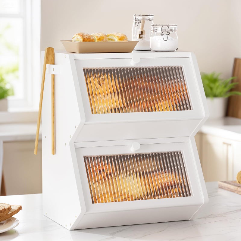 WOWLIVE Double Layer Bread Box for Kitchen Countertop, Large Bamboo Bread Storage Container for Homemade Bread, Farmhouse Bread Holder for Kitchen Counter Cabinet, Pantry, Cupboard (White, Medium) - Image 1