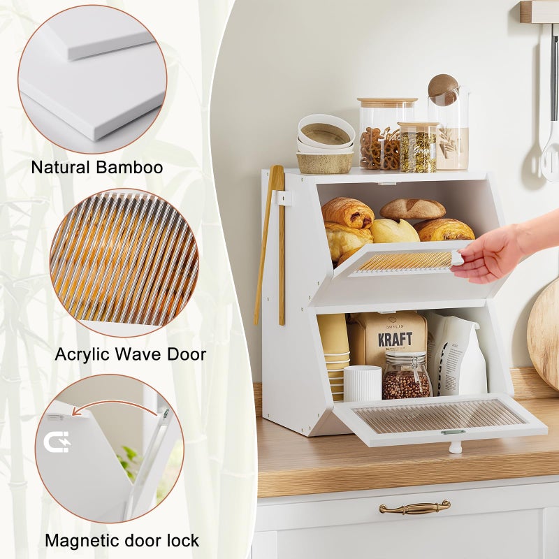 WOWLIVE Double Layer Bread Box for Kitchen Countertop, Large Bamboo Bread Storage Container for Homemade Bread, Farmhouse Bread Holder for Kitchen Counter Cabinet, Pantry, Cupboard (White, Medium) - Image 4