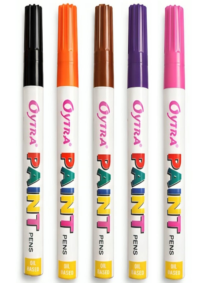 Oytra Permanent Paint Pen Waterproof Marker Pens Combo for Wood Ceramics Steel Glass Tyre Blackboards for Artists For Gifting Stationery (Black, Purple,Orange, Pink, Brown) - Image 1