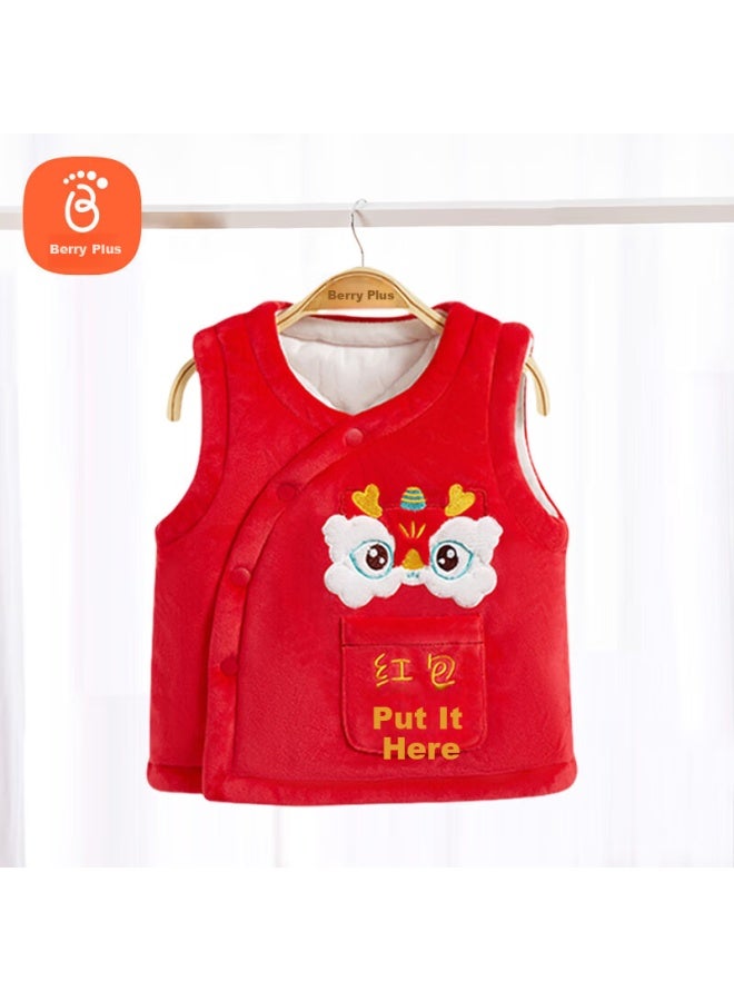 Babyprints Babyprints Baby Vest Red Baby Vest Autumn And Winter Thickened Warm Festive Full Moon Service National Style Shoulder Pad73 - Image 1