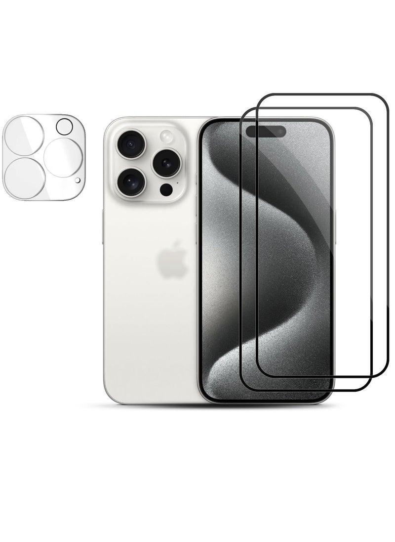 vesus [ 2 Pack ] Screen Protector for iPhone 15 Pro Max With Camera Lens Protector, 9H Hardness Scratch Resistant Full Coverage Screen Guard HD Ultra-thin Tempered Glass Screen Guard - Image 1