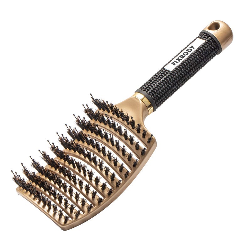 FIXBODY Boar Bristle Hair Brush - Curved & Vented & Oversize Design Detangling Hair Brush for Women Long, Thick, Curly and Tangled Hair Blow Drying Brush (Gold) - Image 1