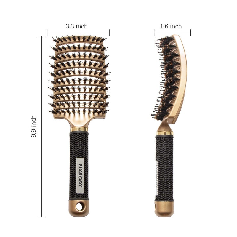 FIXBODY Boar Bristle Hair Brush - Curved & Vented & Oversize Design Detangling Hair Brush for Women Long, Thick, Curly and Tangled Hair Blow Drying Brush (Gold) - Image 2