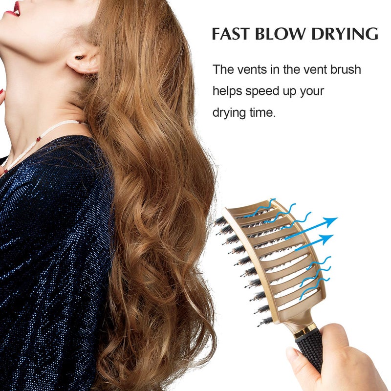 FIXBODY Boar Bristle Hair Brush - Curved & Vented & Oversize Design Detangling Hair Brush for Women Long, Thick, Curly and Tangled Hair Blow Drying Brush (Gold) - Image 3