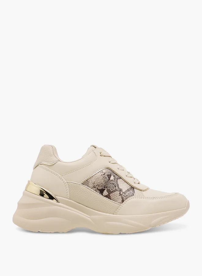Flora Bella By Shoexpress Women's Animal Print Sneakers with Lace-Up Closure and Chunky Heels