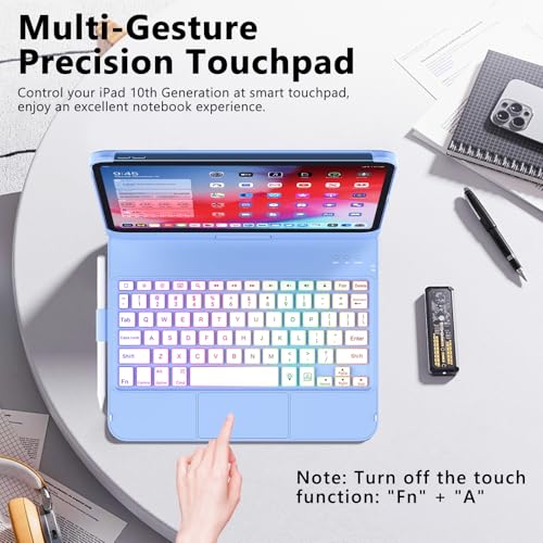 FUWANG Touch Keyboard Case for iPad (A16) 11th Generation 11 inch 2025&10th Gen 10.9 inch 2022, 360° Rotate for iPad 10th Generation Case with Keyboard, Backlit Keyboard Case with Pencil Holder, Blue - Image 3