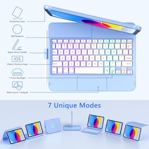 FUWANG Touch Keyboard Case for iPad (A16) 11th Generation 11 inch 2025&10th Gen 10.9 inch 2022, 360° Rotate for iPad 10th Generation Case with Keyboard, Backlit Keyboard Case with Pencil Holder, Blue - Image 4