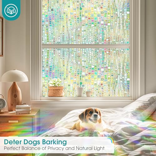 Windimiley Window Privacy Film 3D Rainbow Stained Glass Static Clings Bathroom Decorative Sticker Prism Holographic Decals Sun Blocking Non-Adhesive Door Covering,11.8x78.7In, Pure - Image 3