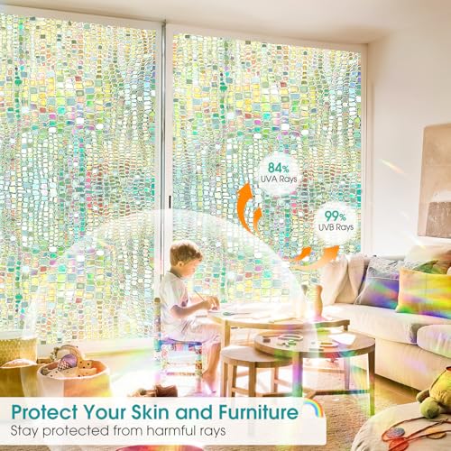 Windimiley Window Privacy Film 3D Rainbow Stained Glass Static Clings Bathroom Decorative Sticker Prism Holographic Decals Sun Blocking Non-Adhesive Door Covering,11.8x78.7In, Pure - Image 4