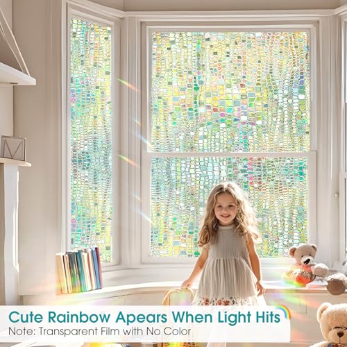 Windimiley Window Privacy Film 3D Rainbow Stained Glass Static Clings Bathroom Decorative Sticker Prism Holographic Decals Sun Blocking Non-Adhesive Door Covering,11.8x78.7In, Pure - Image 2