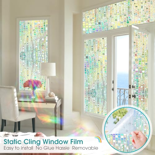 Windimiley Window Privacy Film 3D Rainbow Stained Glass Static Clings Bathroom Decorative Sticker Prism Holographic Decals Sun Blocking Non-Adhesive Door Covering,11.8x78.7In, Pure - Image 5