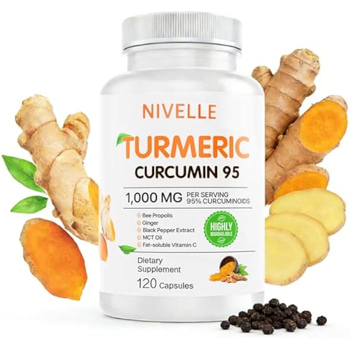 NIVELLE Pure Turmeric Curcumin Supplement 1,000mg | 95% Curcuminoids with Bee Propolis, Ginger, MCT Oil, Fat Soluble Vitamin C, & Black Pepper | Non-GMO, Gluten Free | 120 Capsules - Image 1