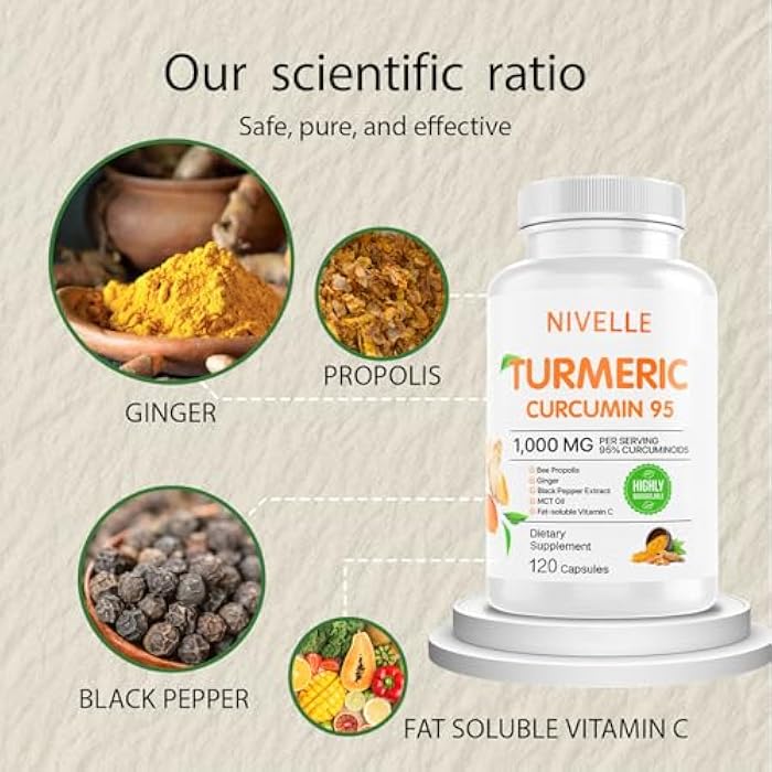 NIVELLE Pure Turmeric Curcumin Supplement 1,000mg | 95% Curcuminoids with Bee Propolis, Ginger, MCT Oil, Fat Soluble Vitamin C, & Black Pepper | Non-GMO, Gluten Free | 120 Capsules - Image 5