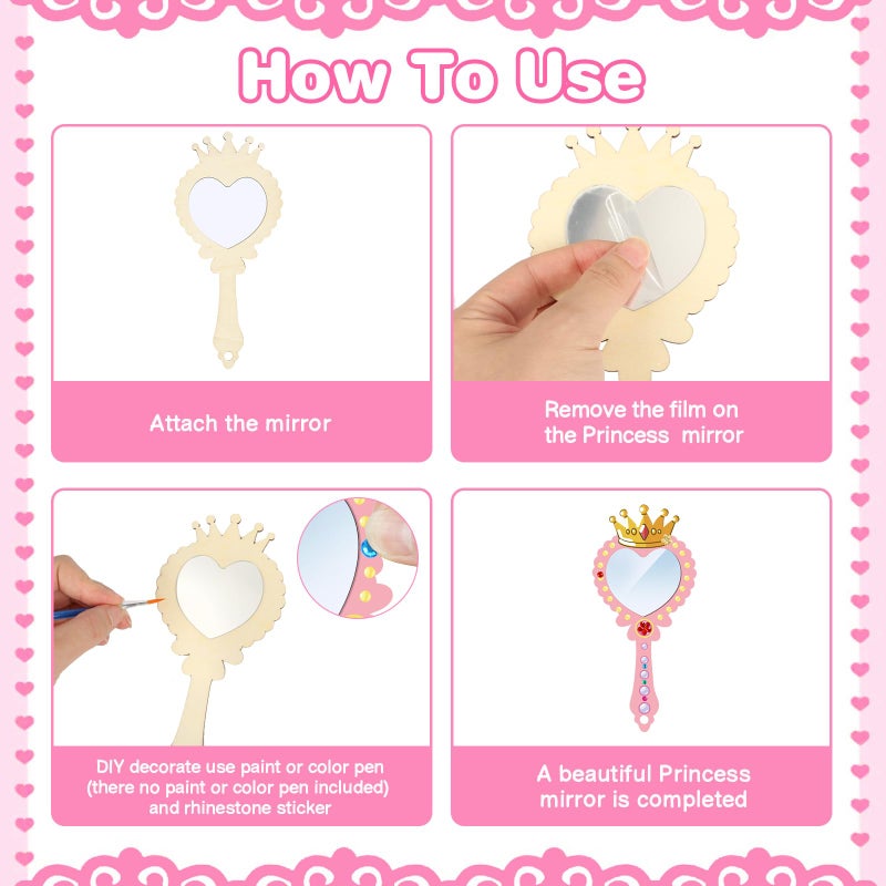 Fennoral 12 Pack Wooden Mirror Craft for Kids Decorate You Own Princess Mirrors for Girls DIY Paint Wooden Hand Mirror for Art Activities Princess Themed Party Supplies MOM Gift - Image 3